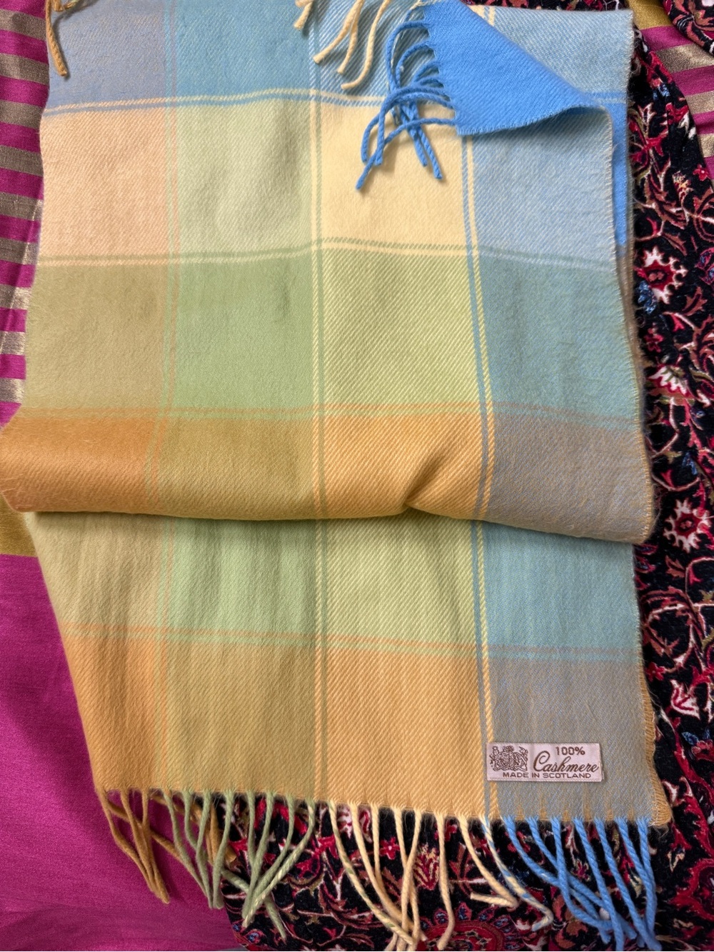 100% Cashmere Pastel Plaid Scarf - Soft Yellow, Blue, Green